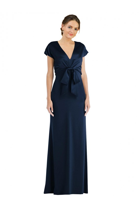 Dark Navy Off the Shoulder Cap Sleeves Keyhole Back Long Prom Dress Canada Supplier