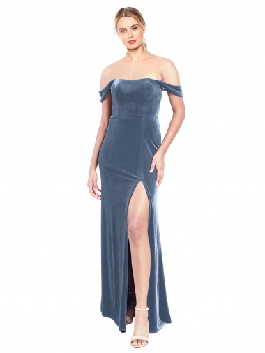 Dusty Blue Strapless Sleeveless Stretch Velvet Long Prom Dress Canada Supplier