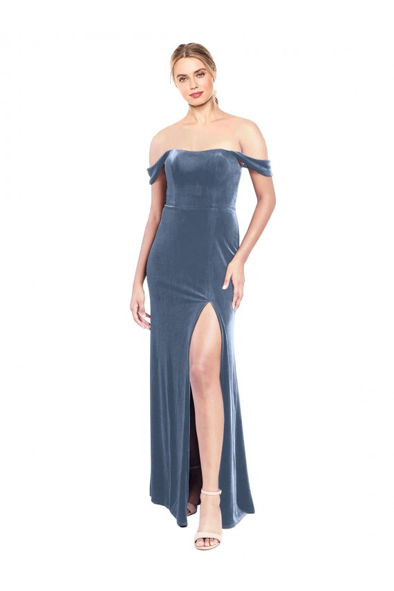 Dusty Blue Strapless Sleeveless Stretch Velvet Long Prom Dress Canada Supplier