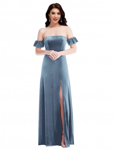 Dusty Blue Off the Shoulder Ruffle Sleeves Low Back Long Prom Dress Canada Supplier
