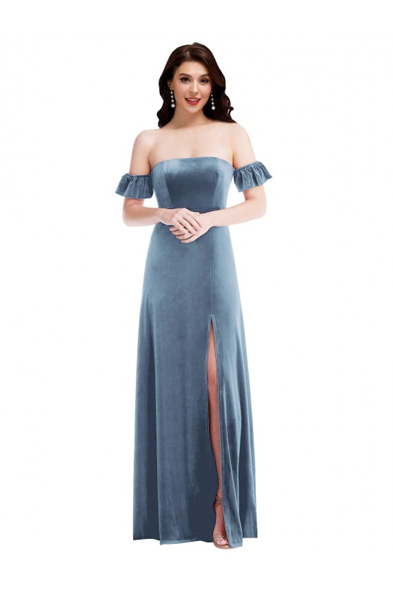 Dusty Blue Off the Shoulder Ruffle Sleeves Low Back Long Prom Dress Canada Supplier