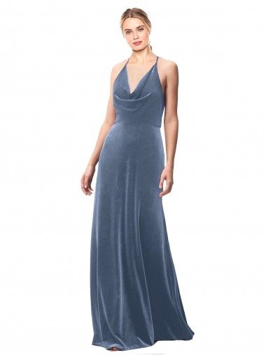 Dusty Blue Cowl Neck Sleeveless Keyhole Back Long Prom Dress Canada Supplier