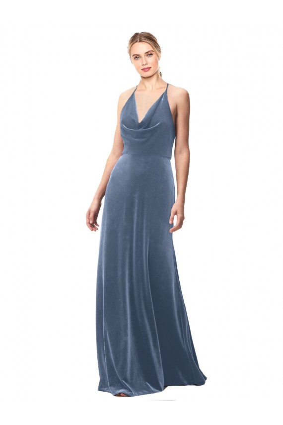 Dusty Blue Cowl Neck Sleeveless Keyhole Back Long Prom Dress Canada Supplier