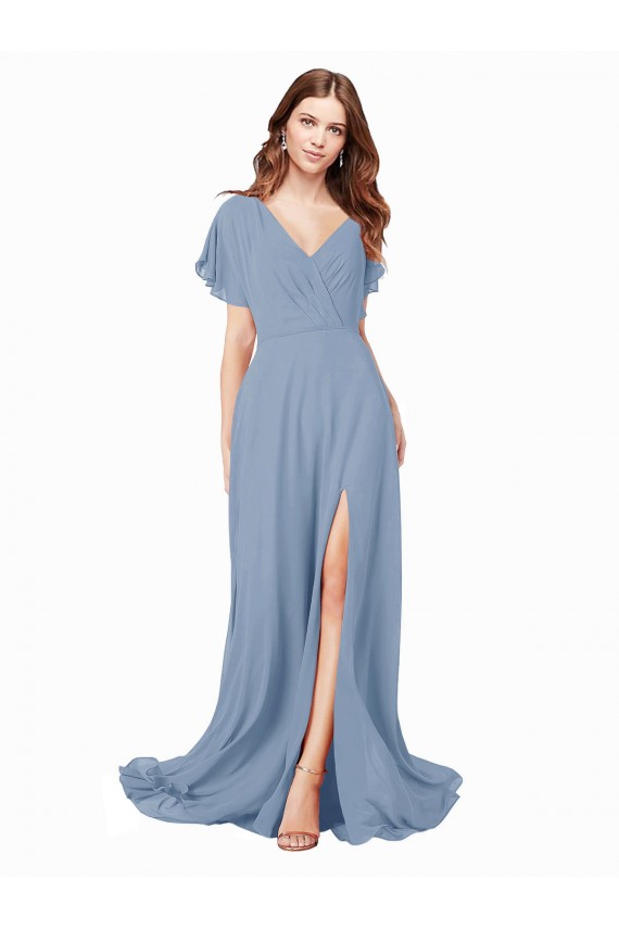 Dusty Blue V-Neck Cap Sleeves Long Evening Prom Gowns Canada Supplier
