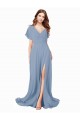 Dusty Blue V-Neck Cap Sleeves Long Evening Prom Gowns Canada Supplier