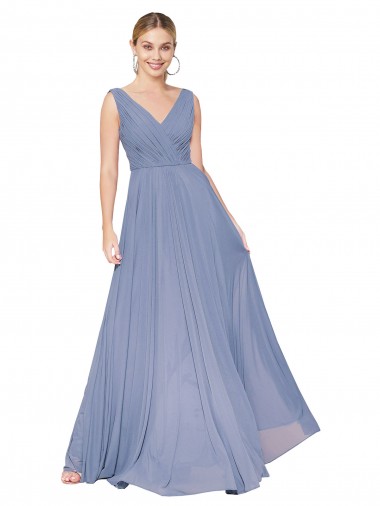 Dusty Blue High Neck Sleeveless V-Back Long Wedding Guest Dress Canada Supplier