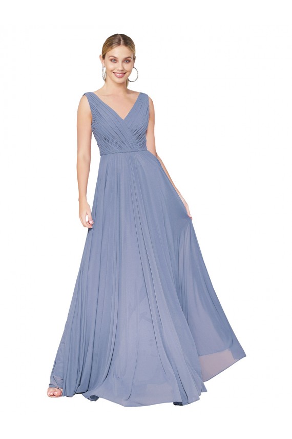 Dusty Blue High Neck Sleeveless V-Back Long Wedding Guest Dress Canada Supplier