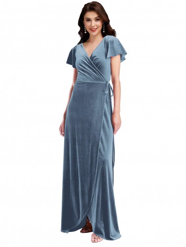 Dusty Blue V-Neck Flutter Sleeves Long Prom Dress Canada Supplier