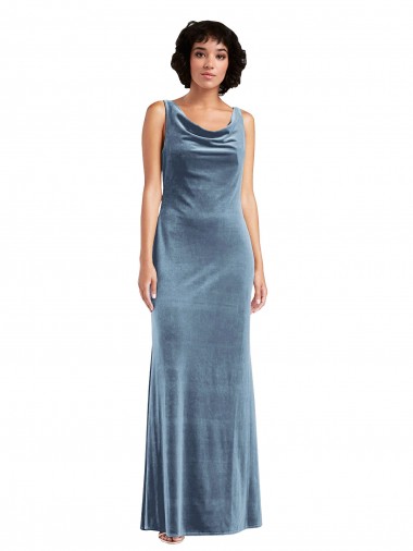 Dusty Blue Cowl Neck Sleeveless V-Back Long Prom Dress Canada Supplier