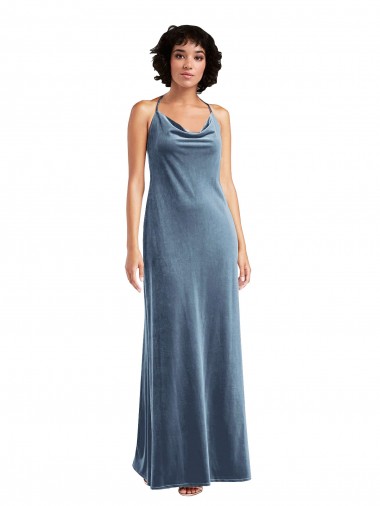 Dusty Blue Cowl Neck Sleeveless Long Sheath Prom Dress Canada Supplier