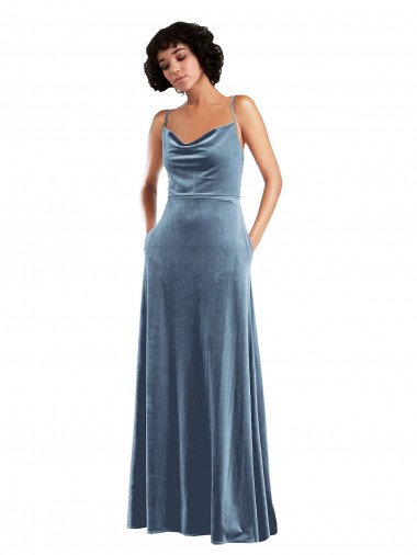 Dusty Blue Cowl Neck Sleeveless Criss Cross Open Back Long Prom Dress Canada Supplier