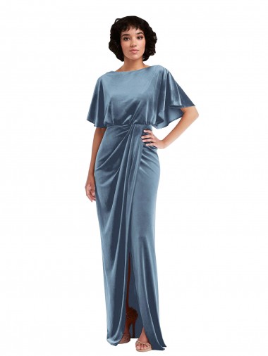 Dusty Blue Flutter Sleeves Open Back Long Prom Dress Canada Supplier