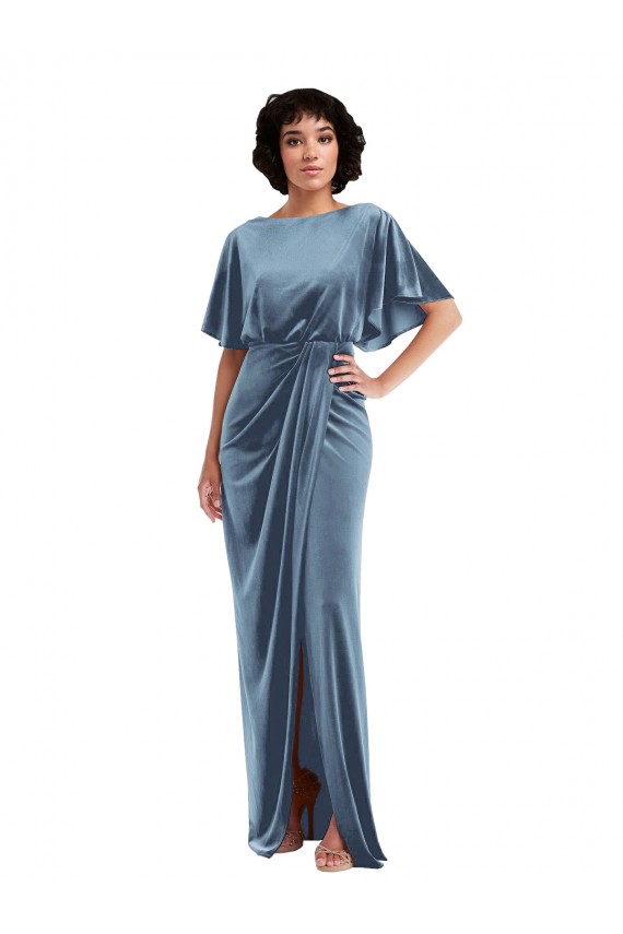 Dusty Blue Flutter Sleeves Open Back Long Prom Dress Canada Supplier