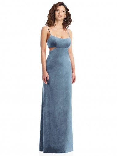 Dusty Blue Square Neck Sleeveless Low Back Long Prom Dress Canada Supplier