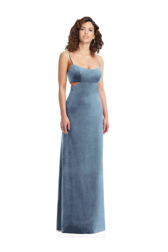Dusty Blue Square Neck Sleeveless Low Back Long Prom Dress Canada Supplier