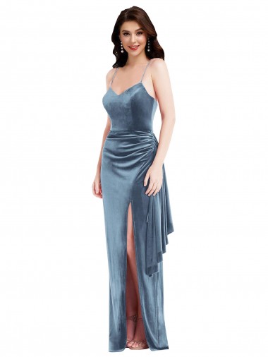 Dusty Blue Spaghetti Straps Sleeveless Long Trumpet Prom Dress Canada Supplier
