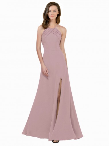 Dusty Pink High Neck Sleeveless Keyhole Back Long Prom Dress Canada Supplier