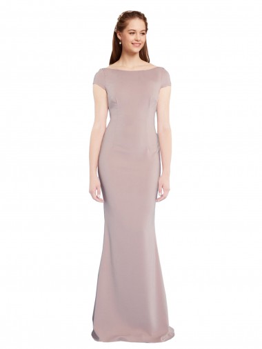 Dusty Pink Boat Neck Cap Sleeves Tie Back Long Prom Dress Canada Supplier