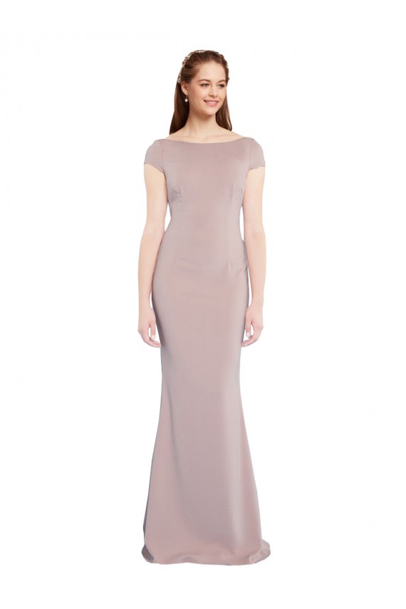 Dusty Pink Boat Neck Cap Sleeves Tie Back Long Prom Dress Canada Supplier