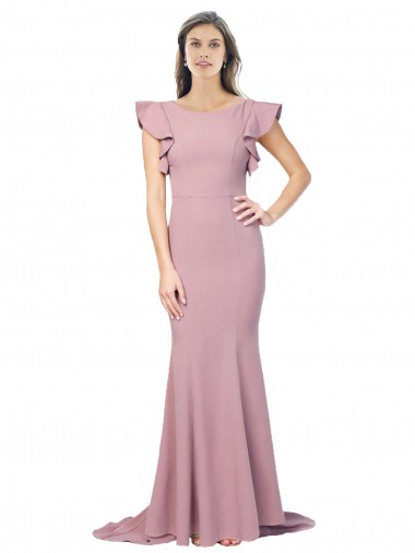 Dusty Pink Round Neck Flutter Sleeves Low Back Sweep Train Prom Dress Canada Supplier