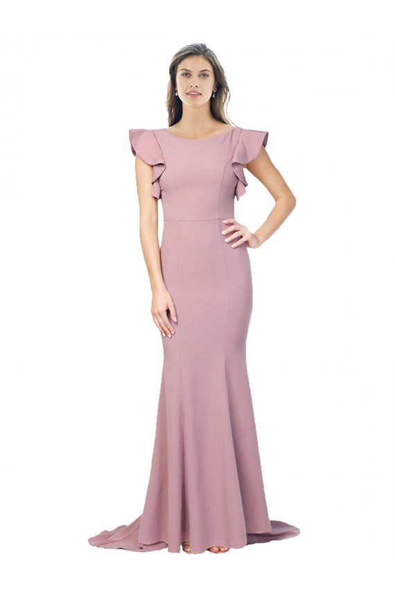 Dusty Pink Round Neck Flutter Sleeves Low Back Sweep Train Prom Dress Canada Supplier