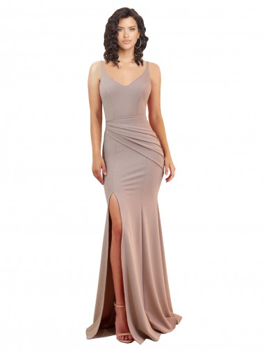 Dusty Pink V-Neck Sleeveless Low Back Stretch Crepe Long Sexy Prom Dress Canada Supplier