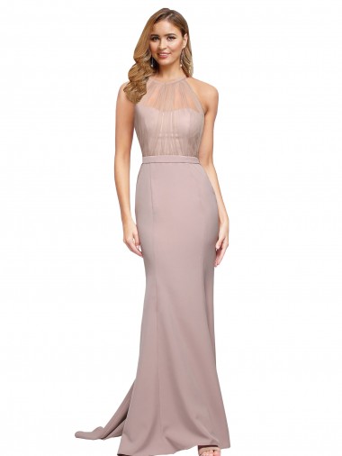 Dusty Pink High Neck Sleeveless Stretch Crepe Sweep Train Bridesmaid Gown Canada Supplier