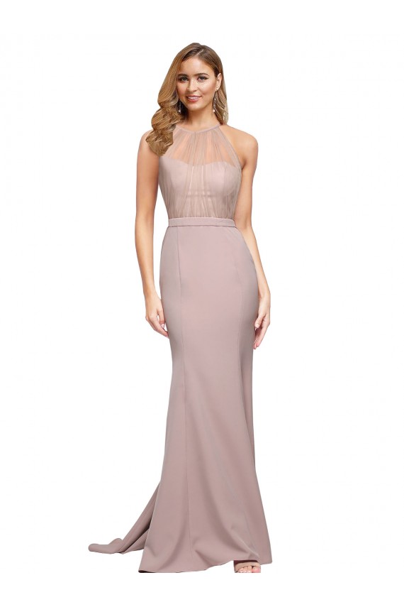 Dusty Pink High Neck Sleeveless Stretch Crepe Sweep Train Bridesmaid Gown Canada Supplier