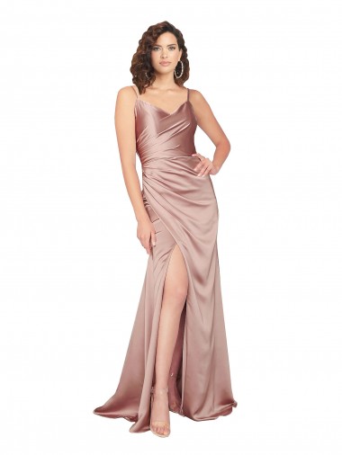 Dusty Pink V-Neck Sleeveless V-Back Silky Satin Long Prom Dress Canada Supplier