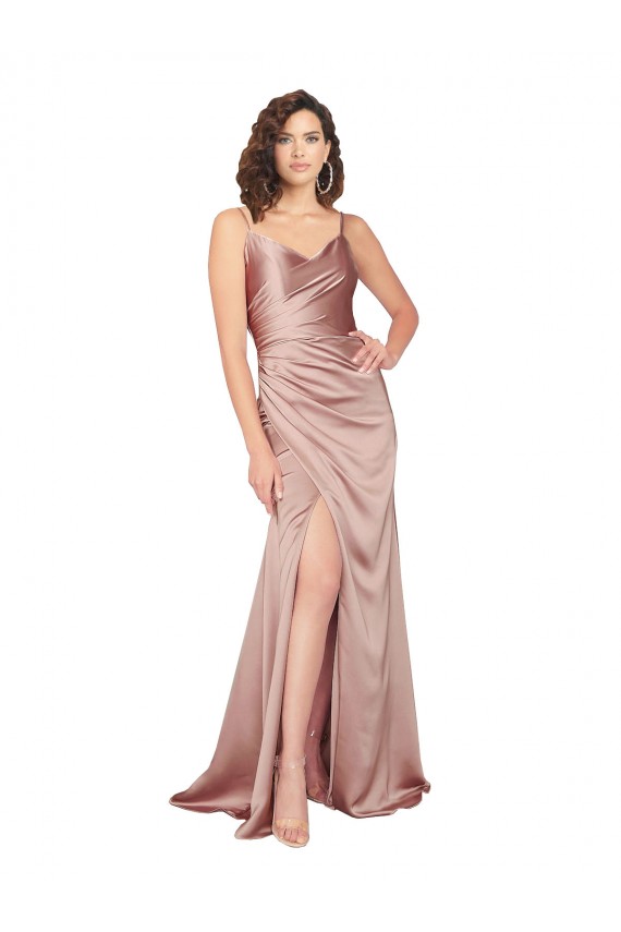 Dusty Pink V-Neck Sleeveless V-Back Silky Satin Long Prom Dress Canada Supplier