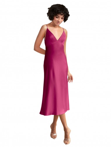 Fuchsia V-Neck Sleeveless Low Back Midi Length Prom Dress Canada Supplier