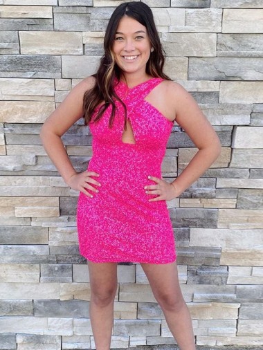 Fuchsia Halter Neck Sleeveless Short Short Homecoming Dress / Prom Dress Canada Supplier