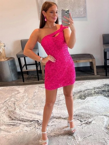Fuchsia One Shoulder Sleeveless Short Short Prom Dress Canada Supplier