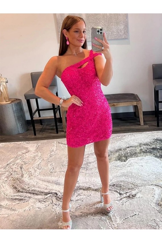 Fuchsia One Shoulder Sleeveless Short Short Prom Dress Canada Supplier