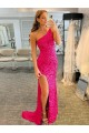 Fuchsia One Shoulder Sleeveless Sweep Train Prom Dress Canada Supplier