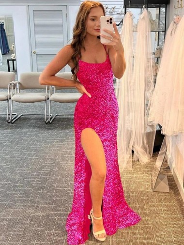 Fuchsia Spaghetti Straps Sleeveless Sweep Train Prom Dress Canada Supplier