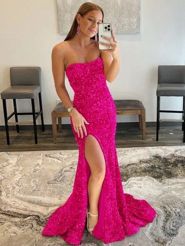 Fuchsia Strapless Sleeveless Sweep Train High Slit Prom Dress Canada Supplier