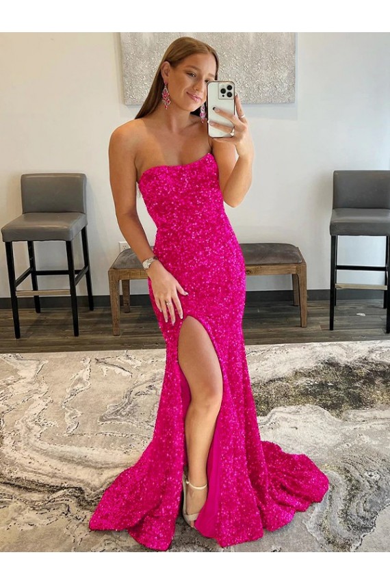 Fuchsia Strapless Sleeveless Sweep Train High Slit Prom Dress Canada Supplier