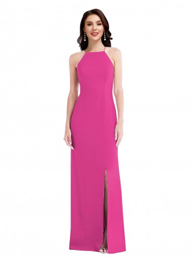 Fuchsia High Neck Sleeveless Open Back Stretch Crepe Long Prom Dress Canada Supplier