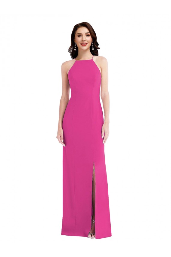 Fuchsia High Neck Sleeveless Open Back Stretch Crepe Long Prom Dress Canada Supplier