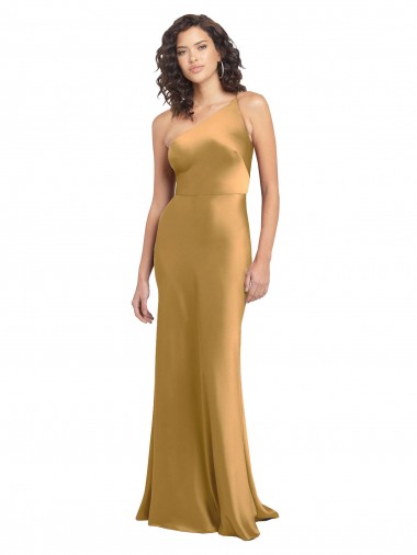 Gold One Shoulder Sleeveless Stretch Satin Long Prom Dress Canada Supplier
