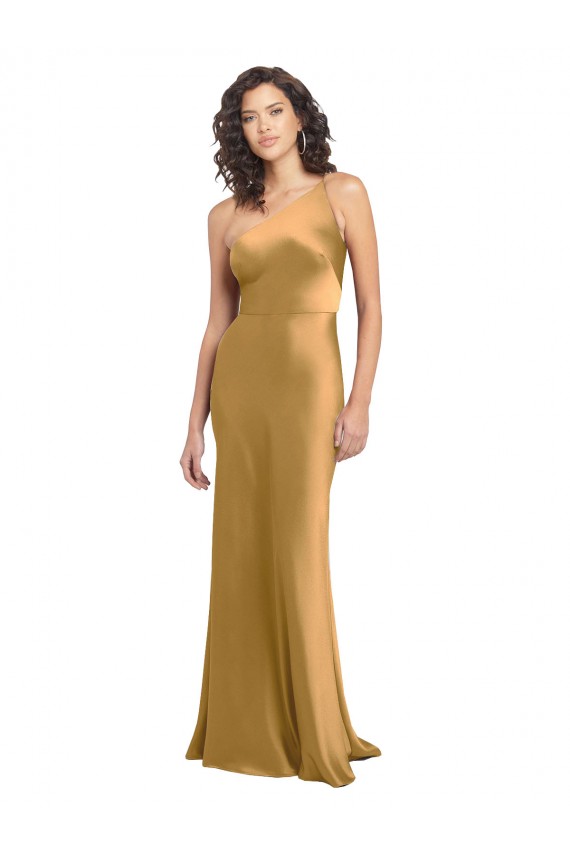 Gold One Shoulder Sleeveless Stretch Satin Long Prom Dress Canada Supplier