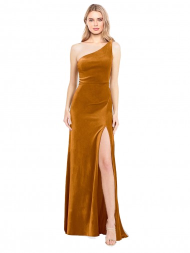 Gold One Shoulder Sleeveless Stretch Velvet Long Prom Dress Canada Supplier
