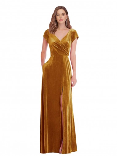 Gold V-Neck Cap Sleeves Long Prom Dress Canada Supplier