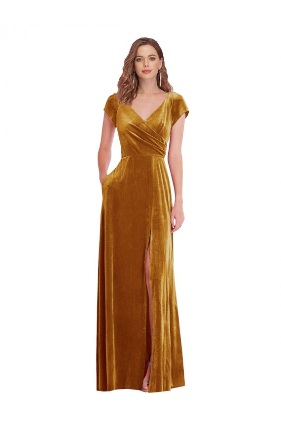 Gold V-Neck Cap Sleeves Long Prom Dress Canada Supplier