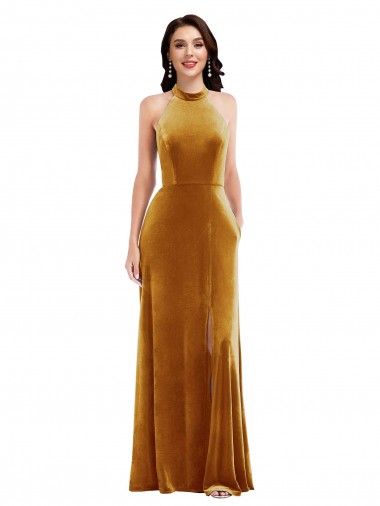 Gold High Neck Sleeveless Keyhole Back Long Prom Dress Canada Supplier