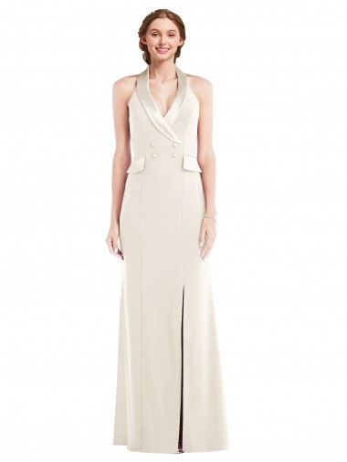 Ivory Halter Neck Sleeveless Low Back Long Prom Dress Canada Supplier