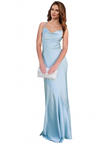 Light Sky Blue Cowl Neck Sleeveless Criss Cross Open Back Long Prom Dress Canada Supplier