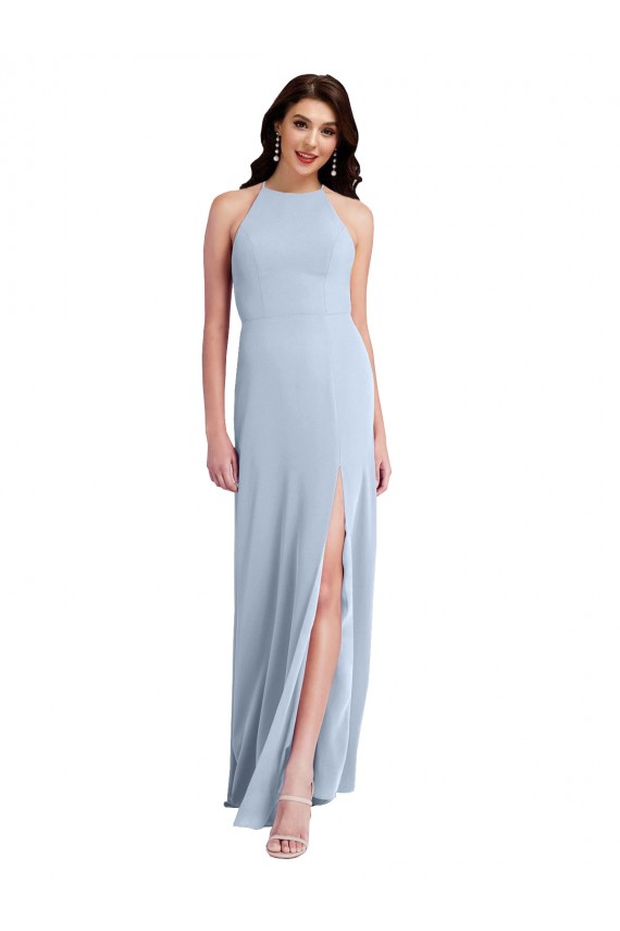 Light Sky Blue High Neck Sleeveless Criss Cross Open Back Long Prom Dress Canada Supplier