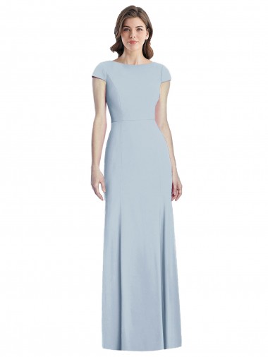 Light Sky Blue Bateau Neck Cap Sleeves Open Back Long Prom Dress Canada Supplier